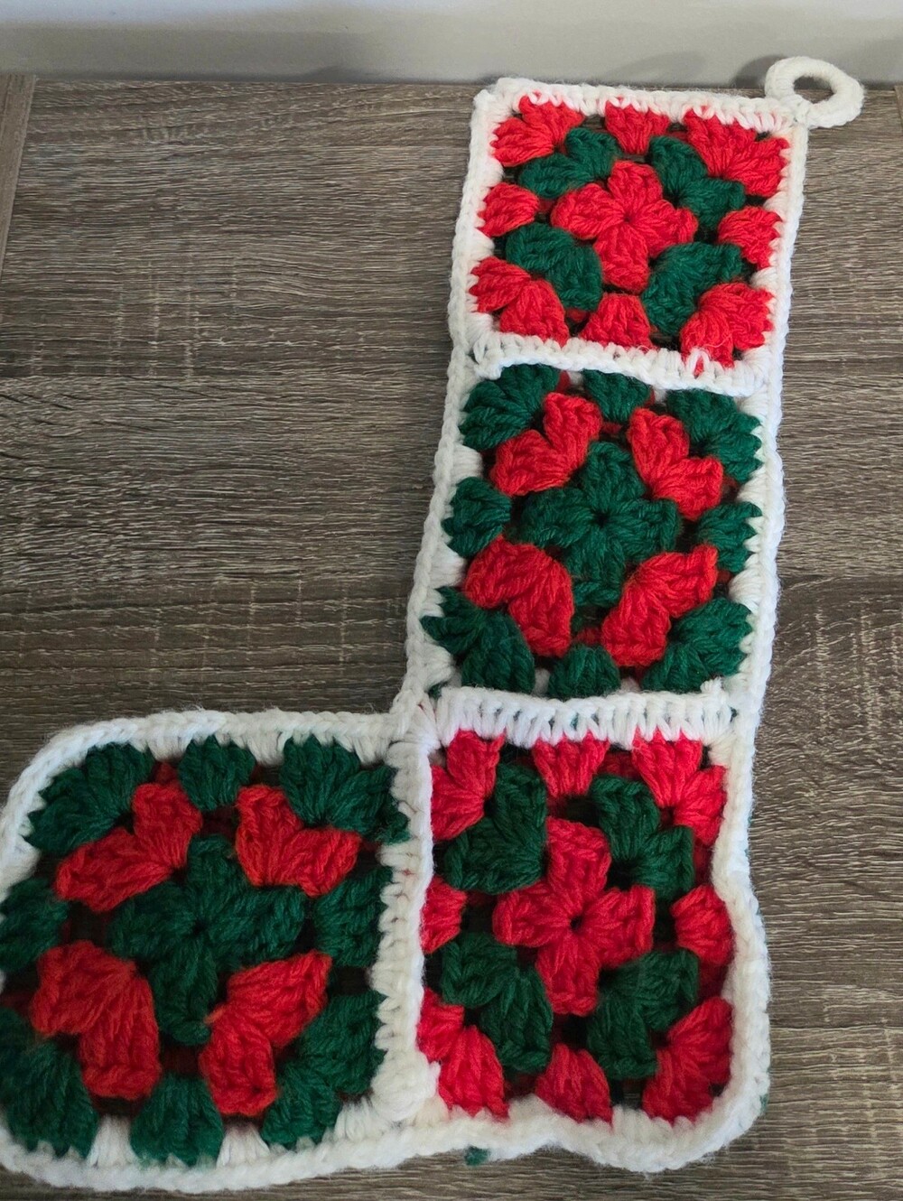Christmas Stocking Granny Square Vintage Crochet Handmade 14"